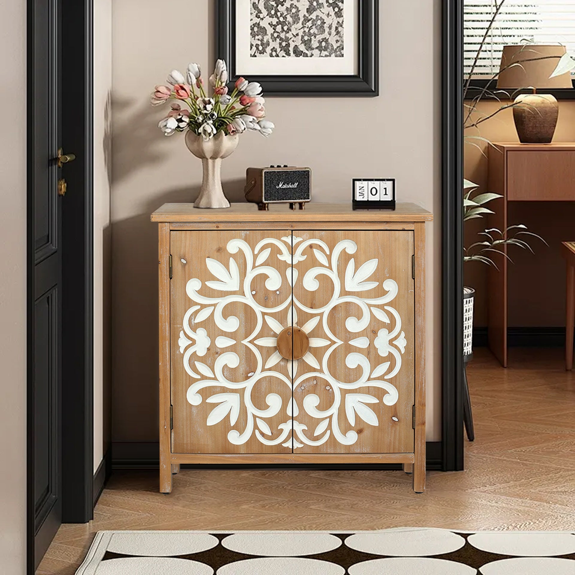 Rustic Wooden Accent Cabinet with Floral Carved Doors, 2 - Door Storage Cabinet for Living Room, Entryway, Dining Room