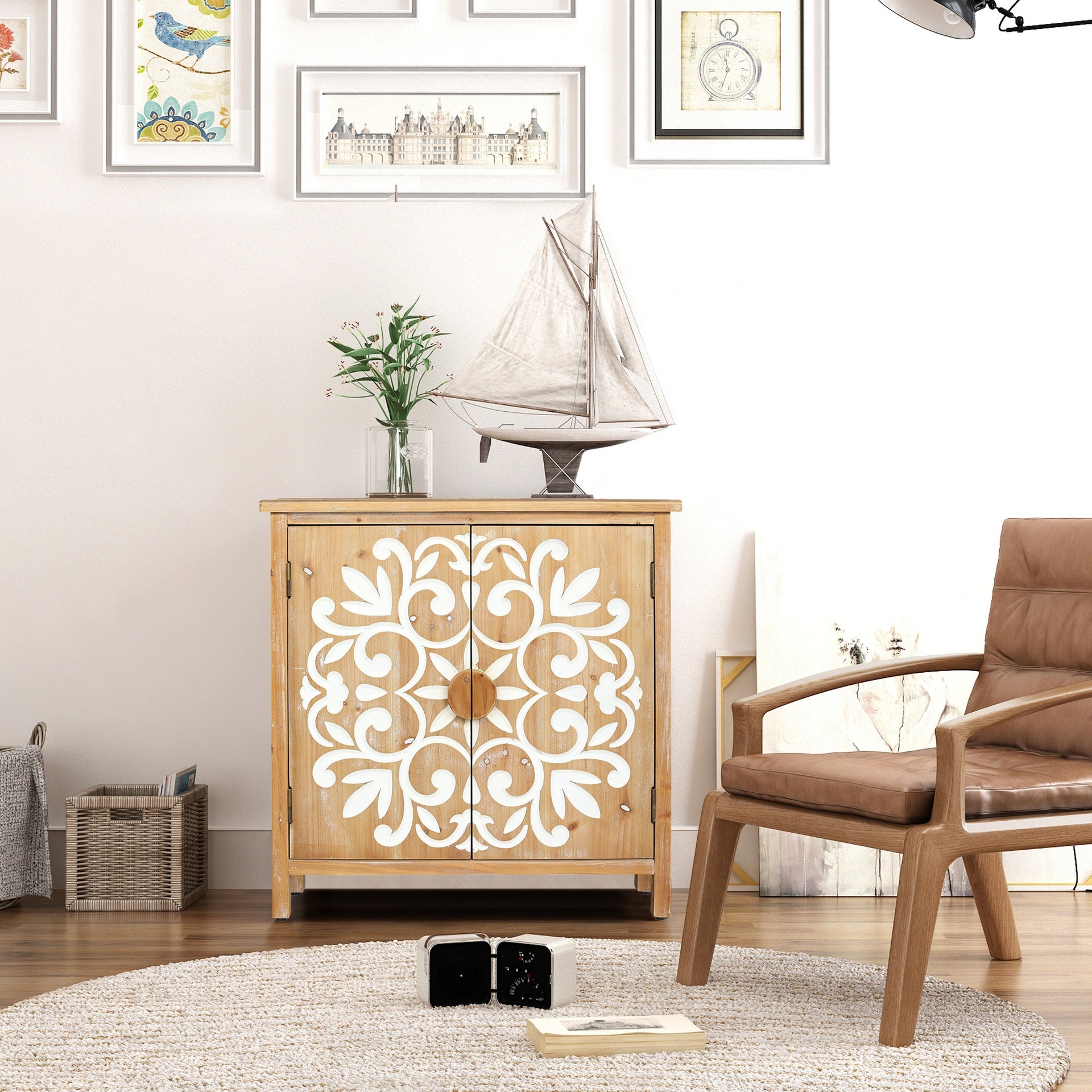 Rustic Wooden Accent Cabinet with Floral Carved Doors, 2 - Door Storage Cabinet for Living Room, Entryway, Dining Room
