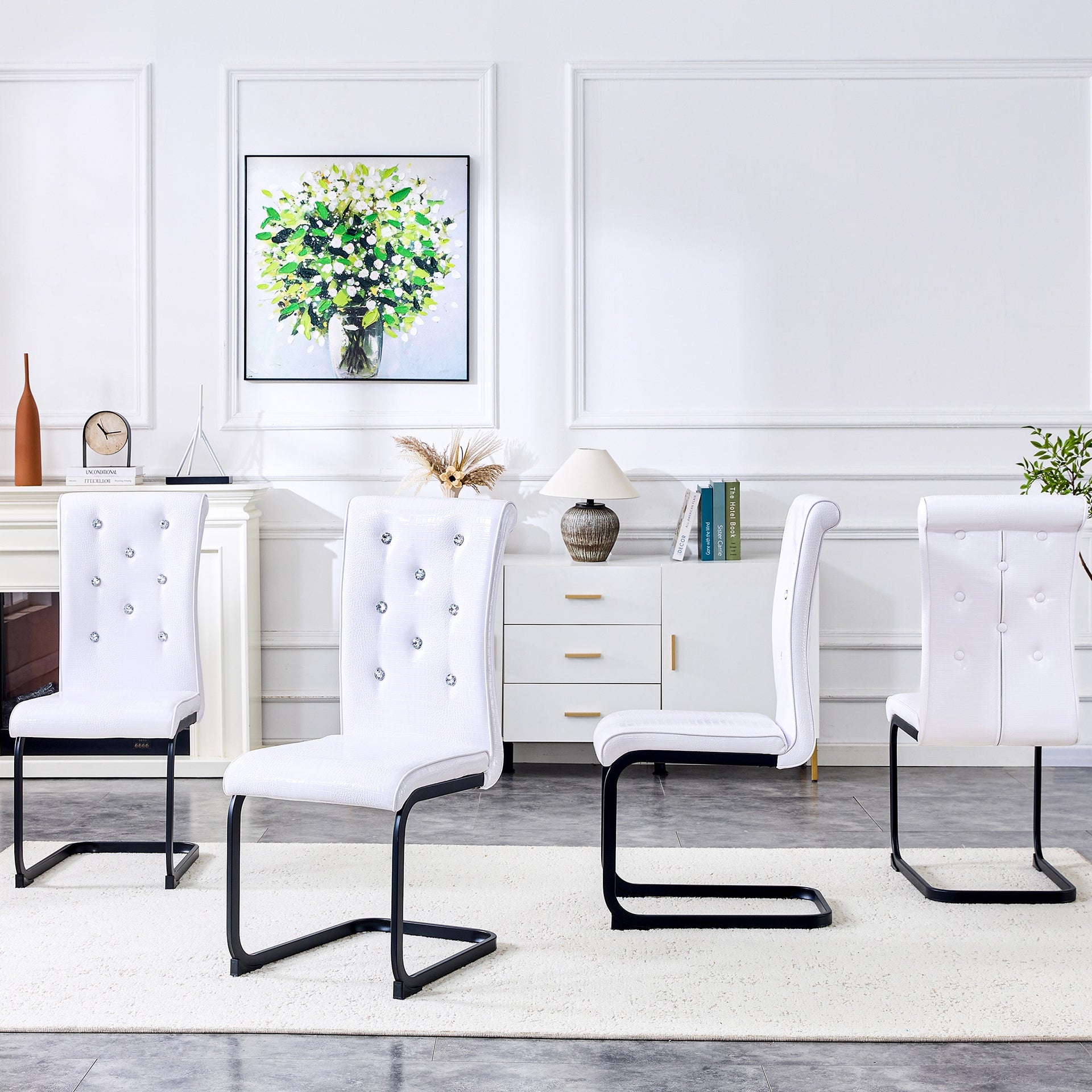 Set of 2,Retro alligator skin Upholstered dining chairs,with Crystal buckle design and Faux Leather design,a touch of elegance and mystery to the dining area,Black spray-painted metal bow leg