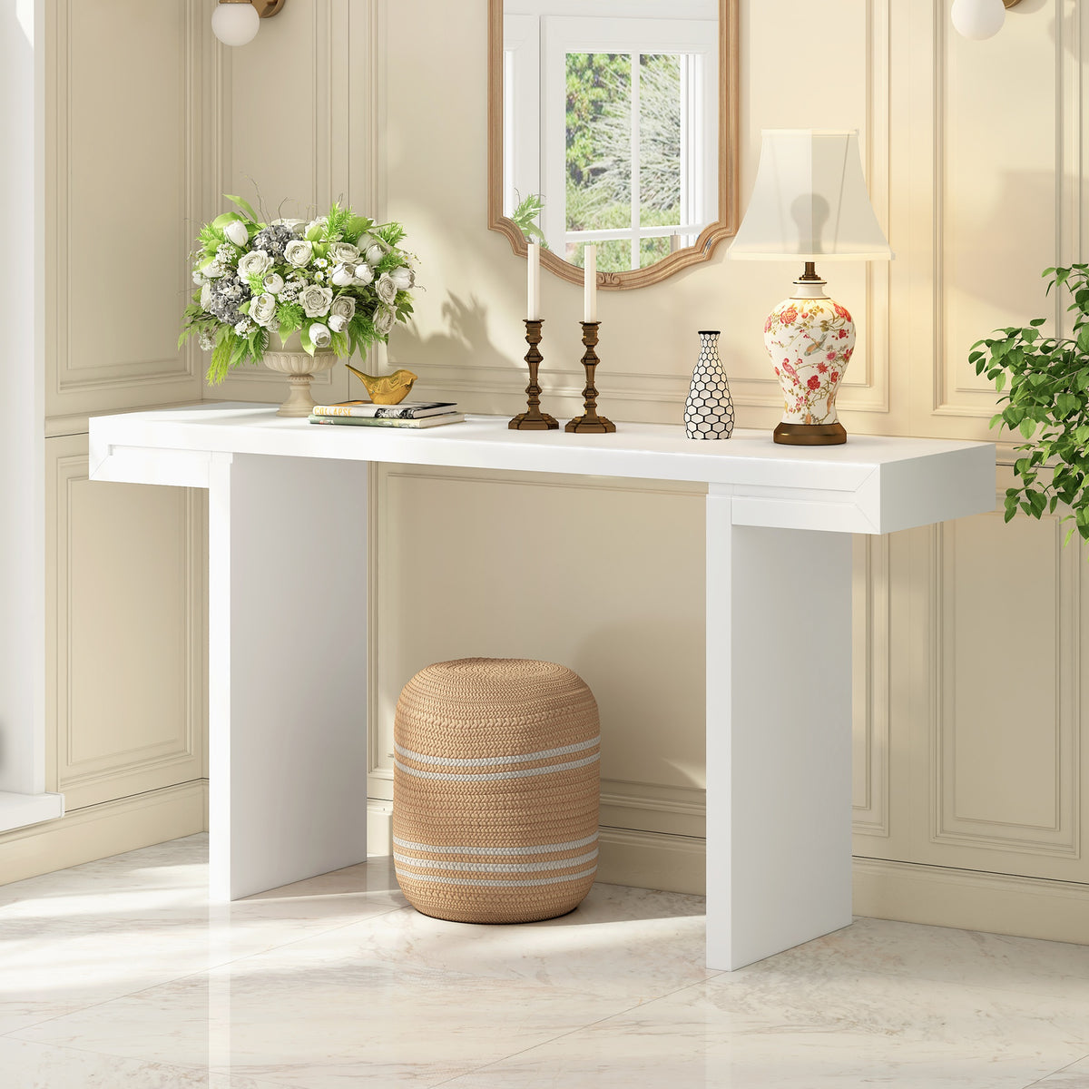 U-Style Large 60-Inch Console Table with Geometric Clean Lines Design,Stylish Entryway Table with Painted Finish and Adjustable Feet,Suitable for Living Room,Entryway,Hallway.