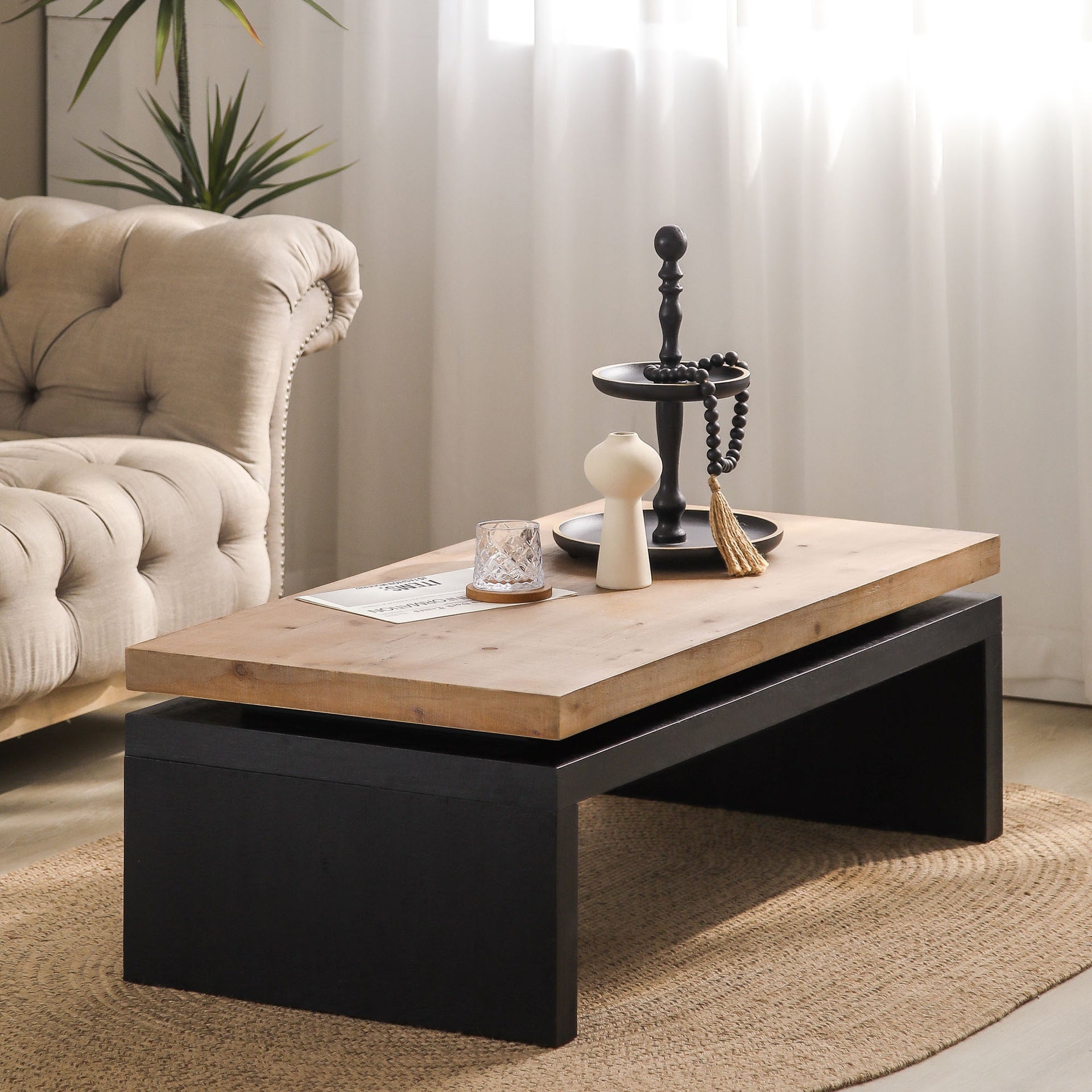 Modern Industrial Coffee Table – Two-Tone Wood Center Table with Floating Top Design 47.6" L * 23.6" W * 16.3" H