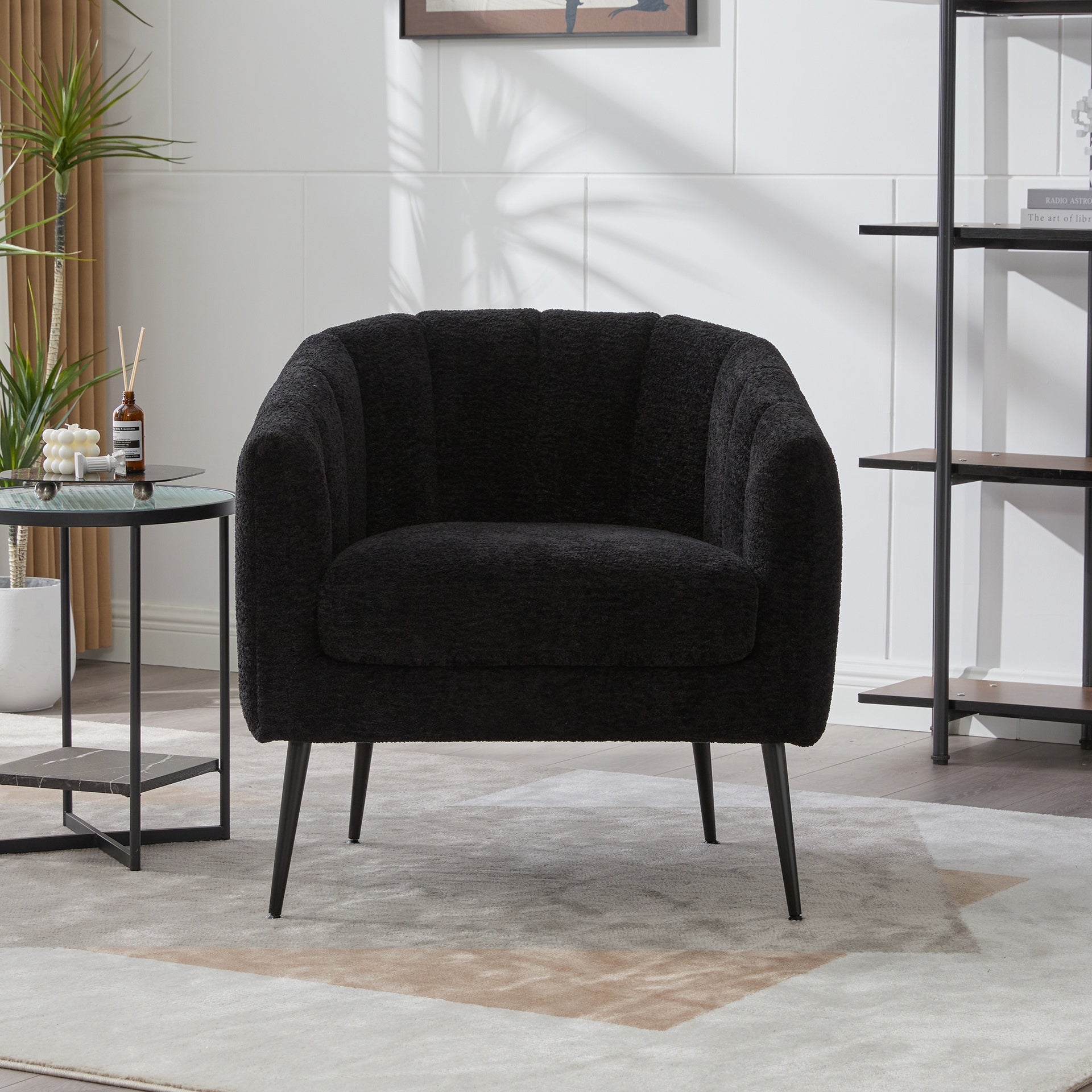 29.9'' Modern Upholstered Chenille Vanity Barrel Accent Chair with Metal Legs, Channel Tufted Lounge Chair Single Sofa Round Leisure Armchair for Bedroom Living Room Reception Study Room Office,Black