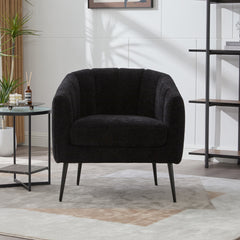 29.9'' Modern Upholstered Chenille Vanity Barrel Accent Chair with Metal Legs, Channel Tufted Lounge Chair Single Sofa Round Leisure Armchair for Bedroom Living Room Reception Study Room Office,Black