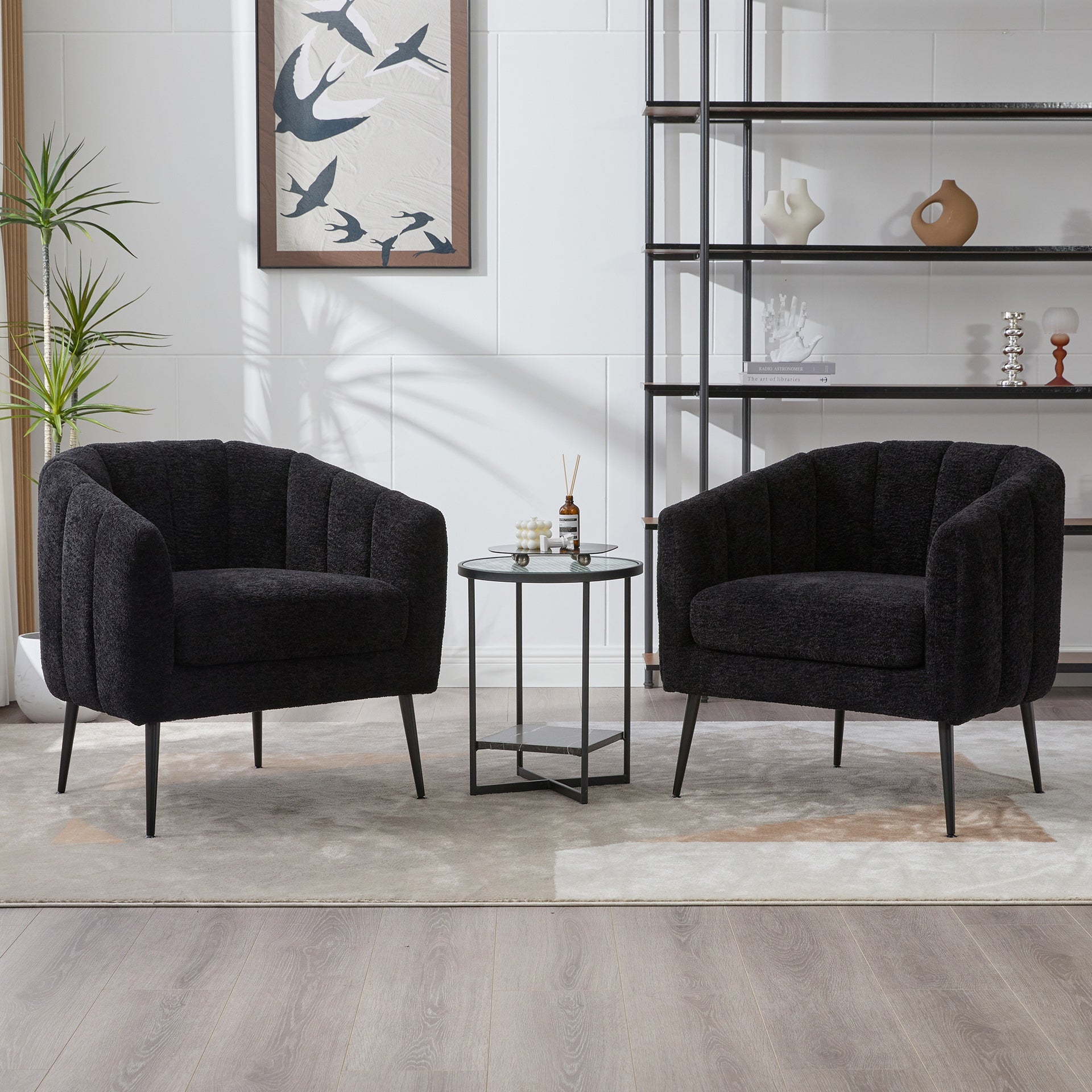 29.9'' Modern Upholstered Chenille Vanity Barrel Accent Chair with Metal Legs, Channel Tufted Lounge Chair Single Sofa Round Leisure Armchair for Bedroom Living Room Reception Study Room Office,Black