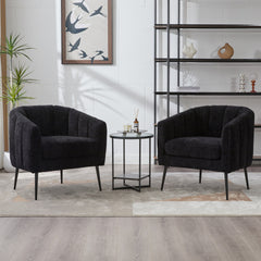 29.9'' Modern Upholstered Chenille Vanity Barrel Accent Chair with Metal Legs, Channel Tufted Lounge Chair Single Sofa Round Leisure Armchair for Bedroom Living Room Reception Study Room Office,Black