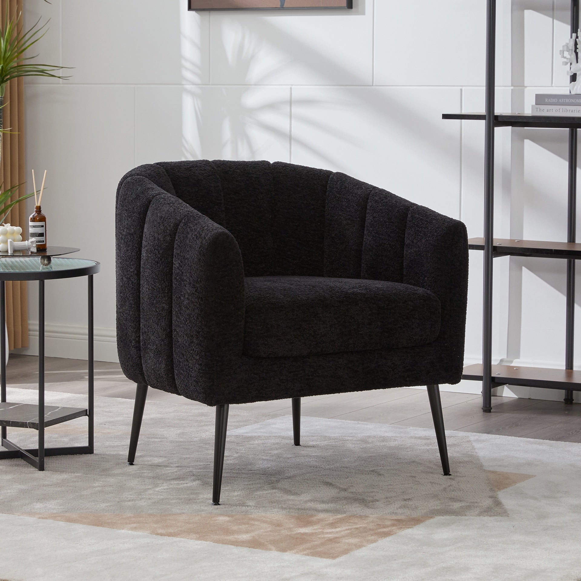 29.9'' Modern Upholstered Chenille Vanity Barrel Accent Chair with Metal Legs, Channel Tufted Lounge Chair Single Sofa Round Leisure Armchair for Bedroom Living Room Reception Study Room Office,Black