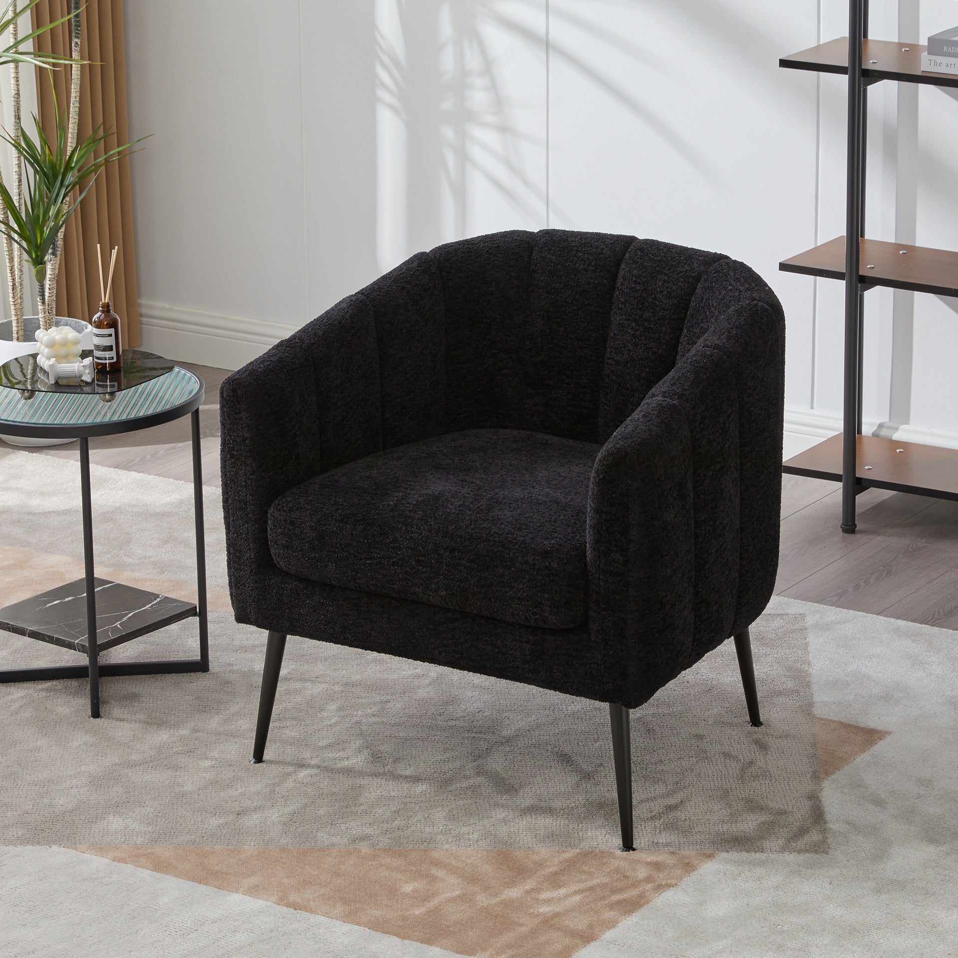 29.9'' Modern Upholstered Chenille Vanity Barrel Accent Chair with Metal Legs, Channel Tufted Lounge Chair Single Sofa Round Leisure Armchair for Bedroom Living Room Reception Study Room Office,Black