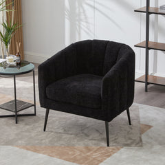 29.9'' Modern Upholstered Chenille Vanity Barrel Accent Chair with Metal Legs, Channel Tufted Lounge Chair Single Sofa Round Leisure Armchair for Bedroom Living Room Reception Study Room Office,Black