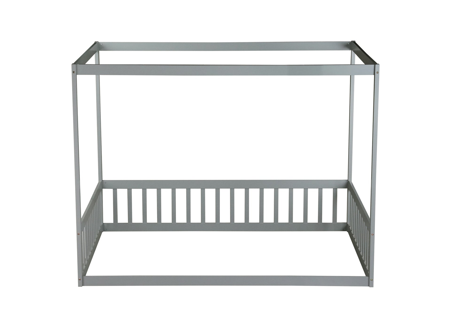 Full Size Canopy Frame Rubber Wood Floor Bed with Fence,Guardrails,Grey