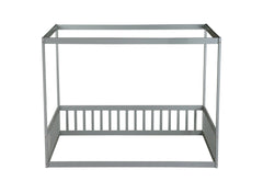 Full Size Canopy Frame Rubber Wood Floor Bed with Fence,Guardrails,Grey