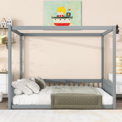 Full Size Canopy Frame Rubber Wood Floor Bed with Fence,Guardrails,Grey