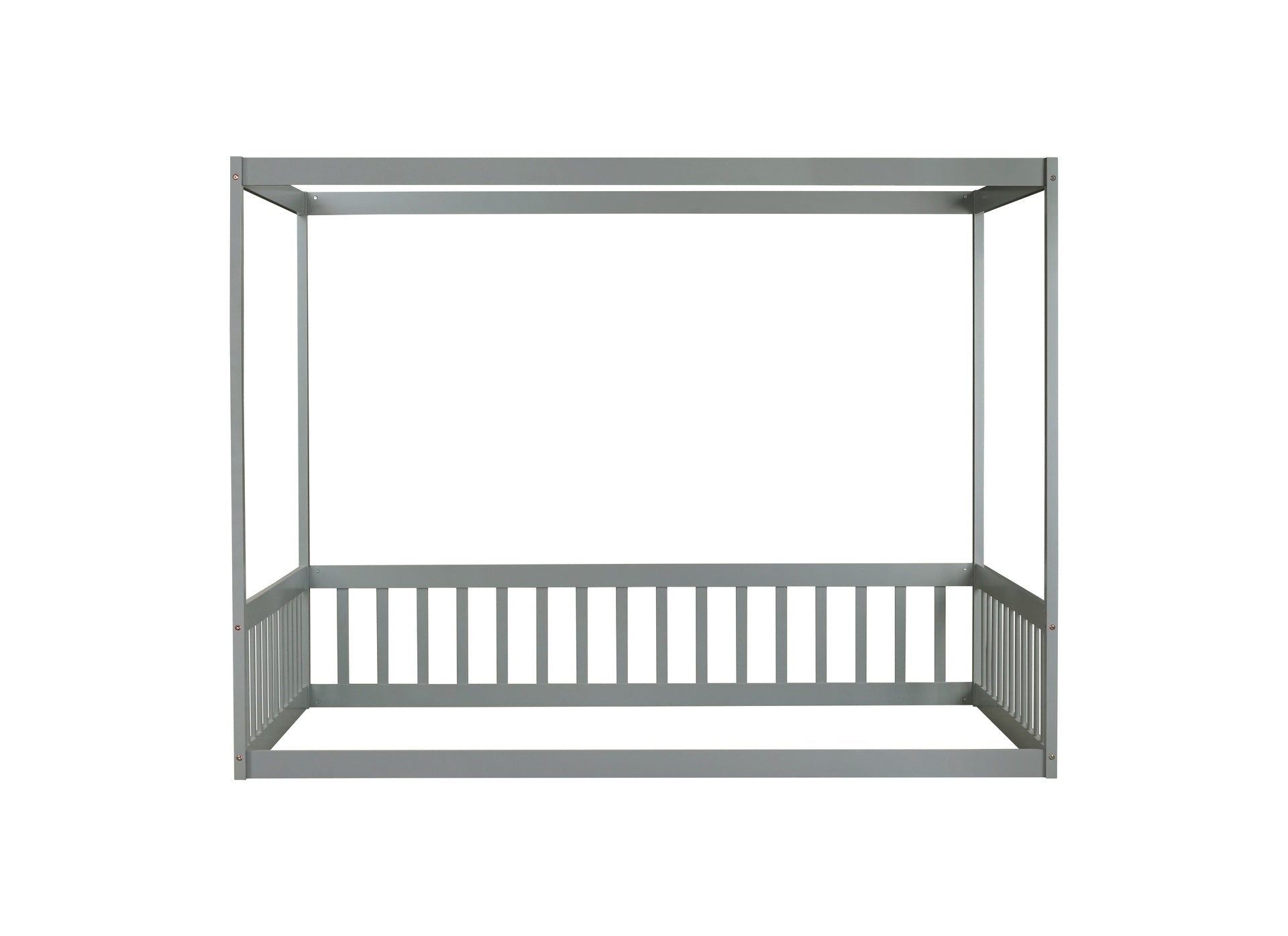 Full Size Canopy Frame Rubber Wood Floor Bed with Fence,Guardrails,Grey