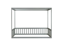 Full Size Canopy Frame Rubber Wood Floor Bed with Fence,Guardrails,Grey