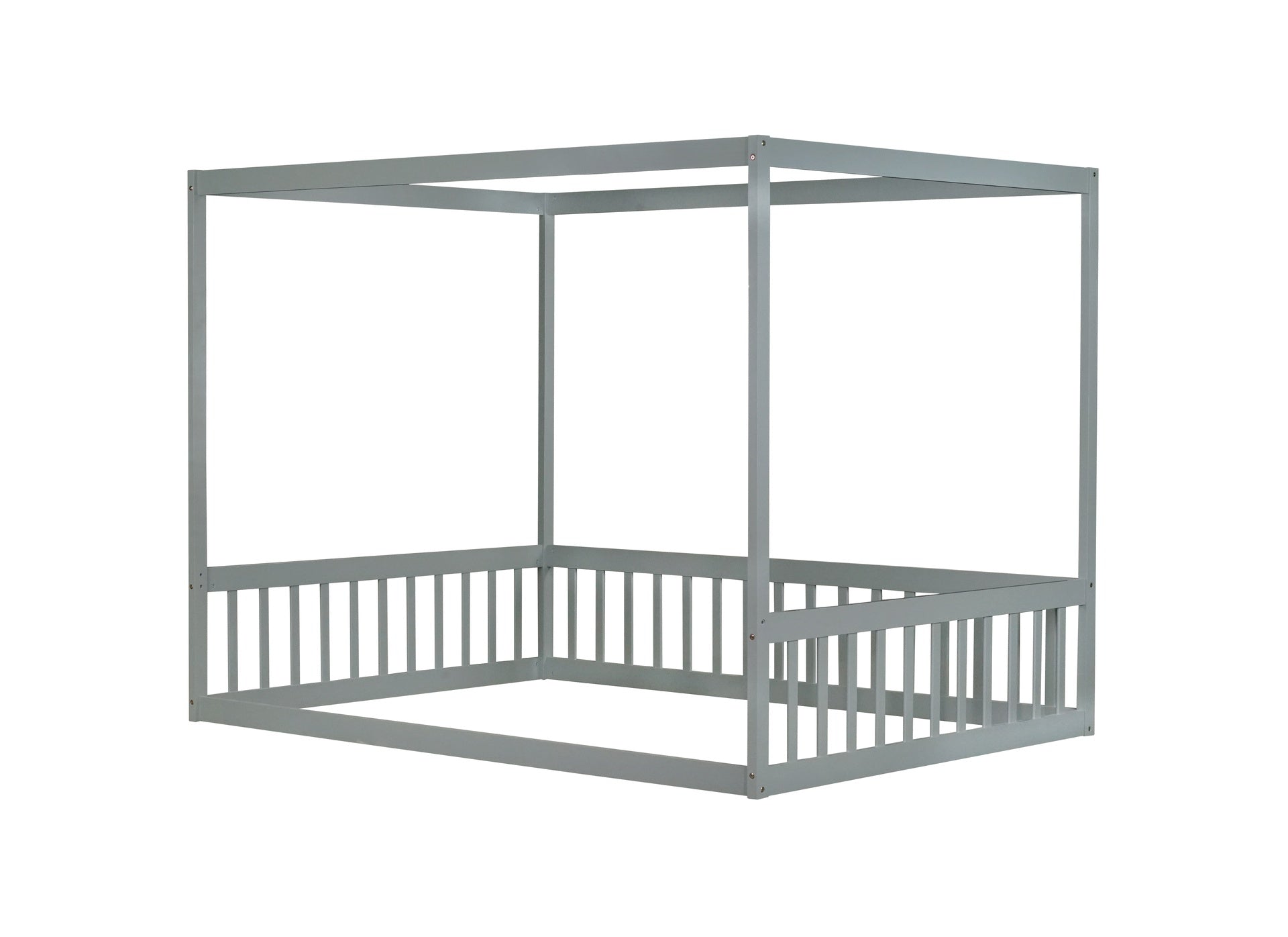 Full Size Canopy Frame Rubber Wood Floor Bed with Fence,Guardrails,Grey