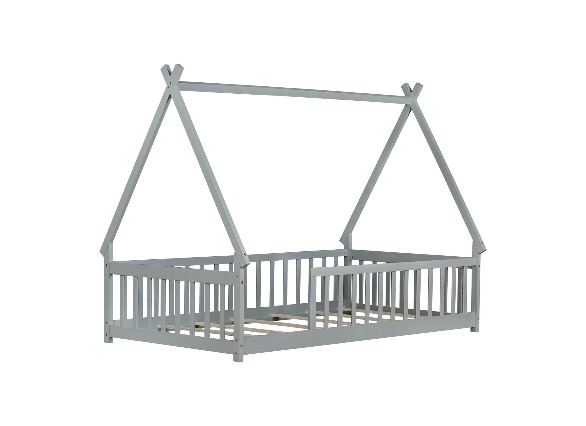 Twin Tent-shaped Floor Bed,Teepee Bed with Guardrails,Slats,Grey