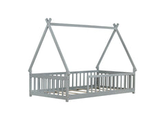 Twin Tent-shaped Floor Bed,Teepee Bed with Guardrails,Slats,Grey