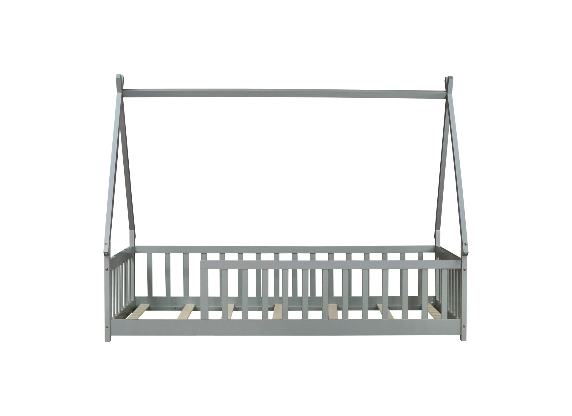Twin Tent-shaped Floor Bed,Teepee Bed with Guardrails,Slats,Grey
