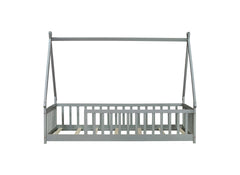 Twin Tent-shaped Floor Bed,Teepee Bed with Guardrails,Slats,Grey