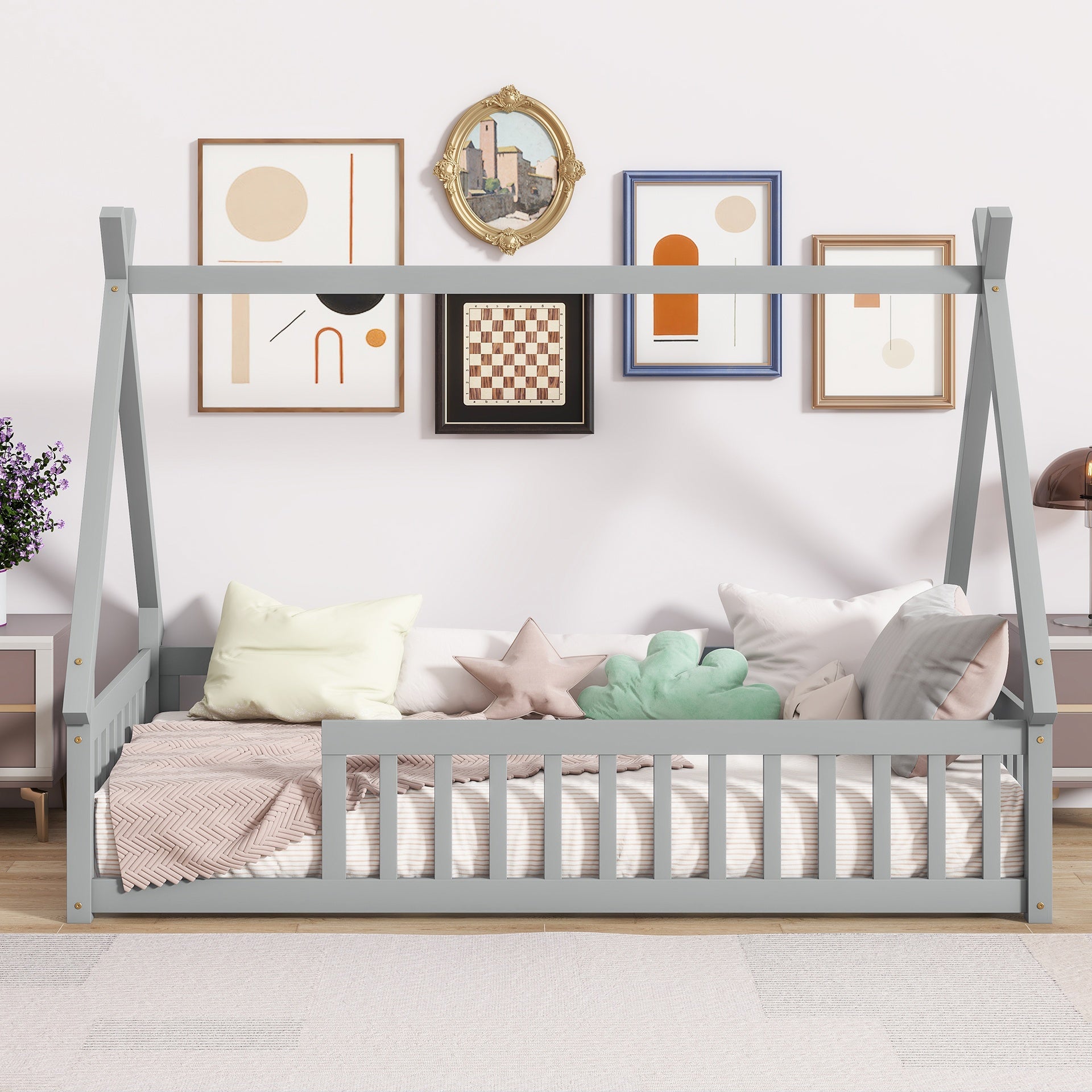 Twin Tent-shaped Floor Bed,Teepee Bed with Guardrails,Slats,Grey