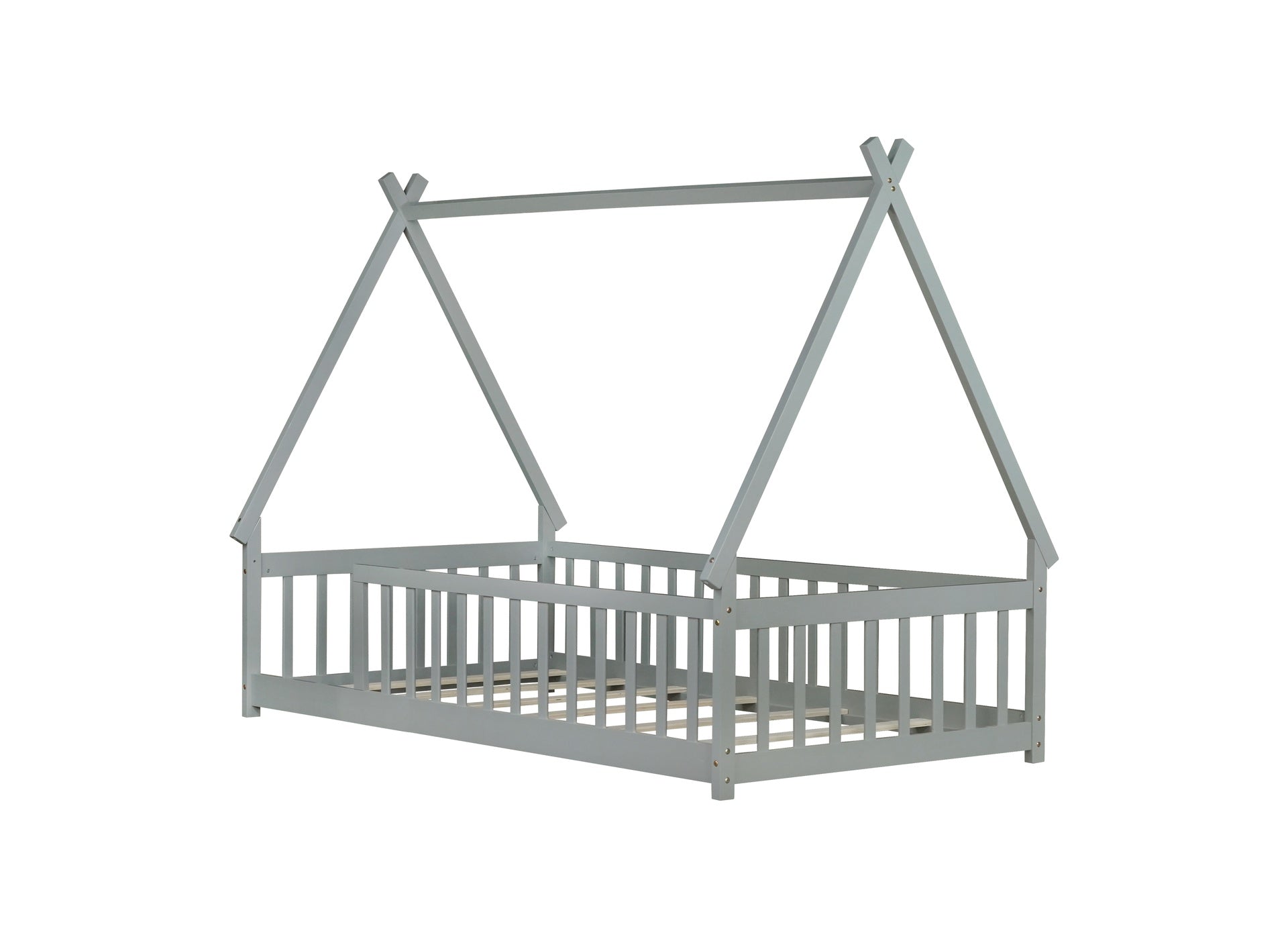 Twin Tent-shaped Floor Bed,Teepee Bed with Guardrails,Slats,Grey