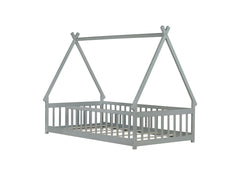 Twin Tent-shaped Floor Bed,Teepee Bed with Guardrails,Slats,Grey