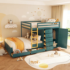 Full Size Bunk Bed with 2 Large Drawers & 5 Small Drawers, MDF & Solid Wood Construction, Modern Storage Design with Small Wardrobe –Morandi Green