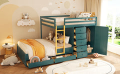 Full Size Bunk Bed with 2 Large Drawers & 5 Small Drawers, MDF & Solid Wood Construction, Modern Storage Design with Small Wardrobe –Morandi Green