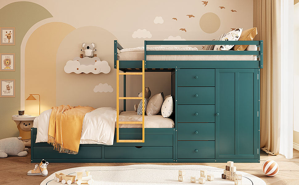 Full Size Bunk Bed with 2 Large Drawers & 5 Small Drawers, MDF & Solid Wood Construction, Modern Storage Design with Small Wardrobe –Morandi Green