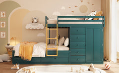 Full Size Bunk Bed with 2 Large Drawers & 5 Small Drawers, MDF & Solid Wood Construction, Modern Storage Design with Small Wardrobe –Morandi Green
