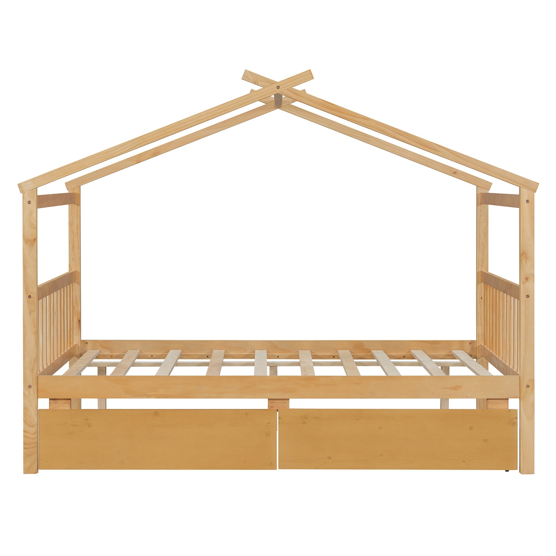 Full Size Wooden House Bed with Drawers, Natural
