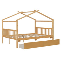 Full Size Wooden House Bed with Drawers, Natural