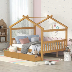 Full Size Wooden House Bed with Drawers, Natural