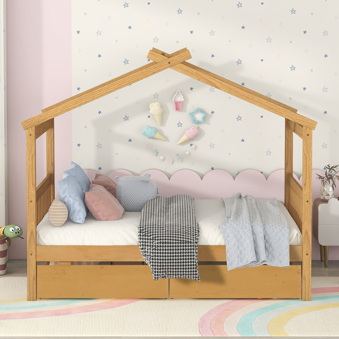 Full Size Wooden House Bed with Drawers, Natural