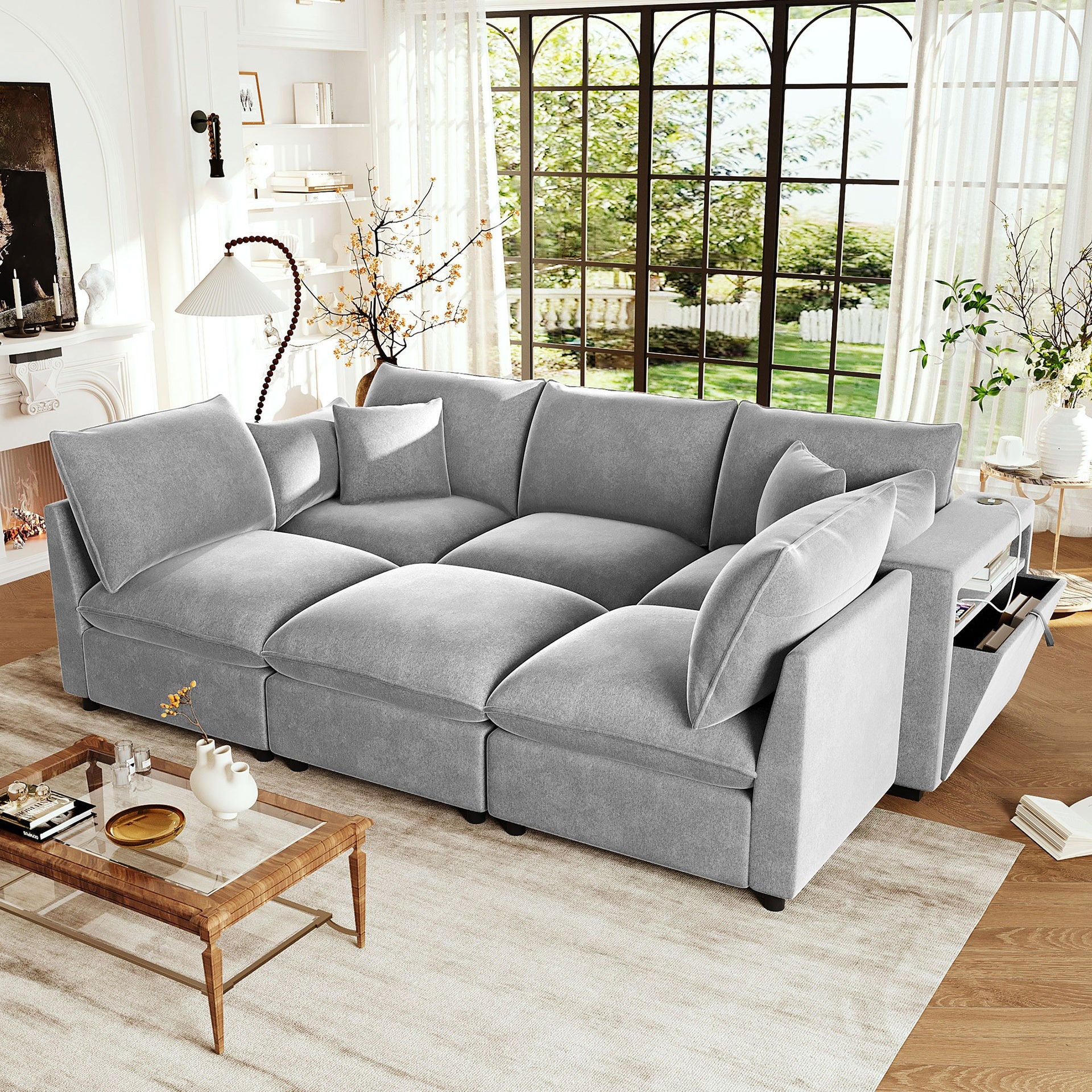 Modern Sectional Sofa Modular Sofa 93.7" U-shaped Sofa Couch Sofa Bed L-shaped Sofa with a Movable Ottoman, Storage Armrests and USB Ports, Grey