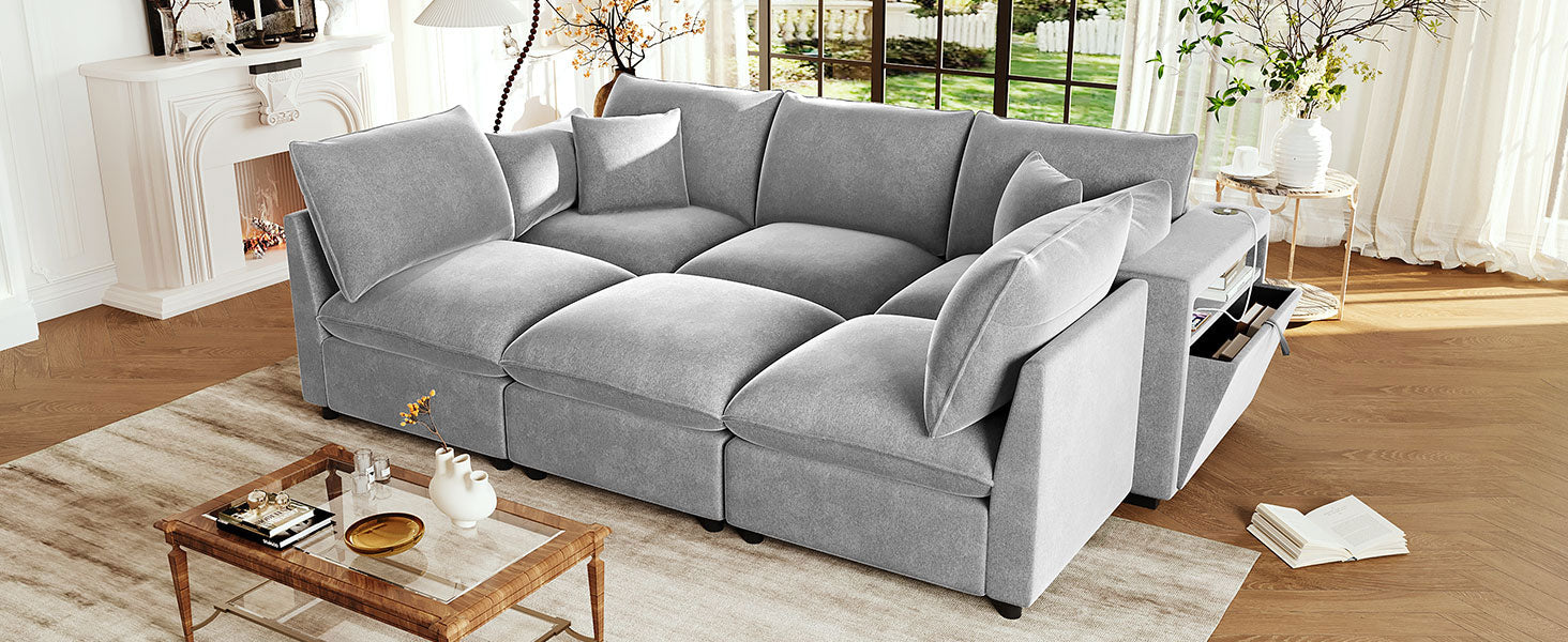 Modern Sectional Sofa Modular Sofa 93.7" U-shaped Sofa Couch Sofa Bed L-shaped Sofa with a Movable Ottoman, Storage Armrests and USB Ports, Grey
