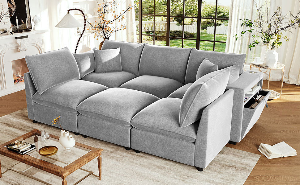 Modern Sectional Sofa Modular Sofa 93.7" U-shaped Sofa Couch Sofa Bed L-shaped Sofa with a Movable Ottoman, Storage Armrests and USB Ports, Grey