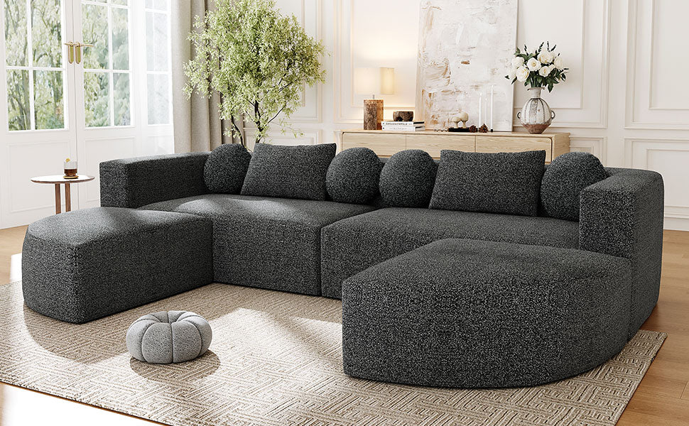 Boneless Couch Modular Sectional Sofa 114.9" Free-combined Sofa Couch Sofa Bed Compression Sofa with Deep Seating and Curved Design for Living Room, Black