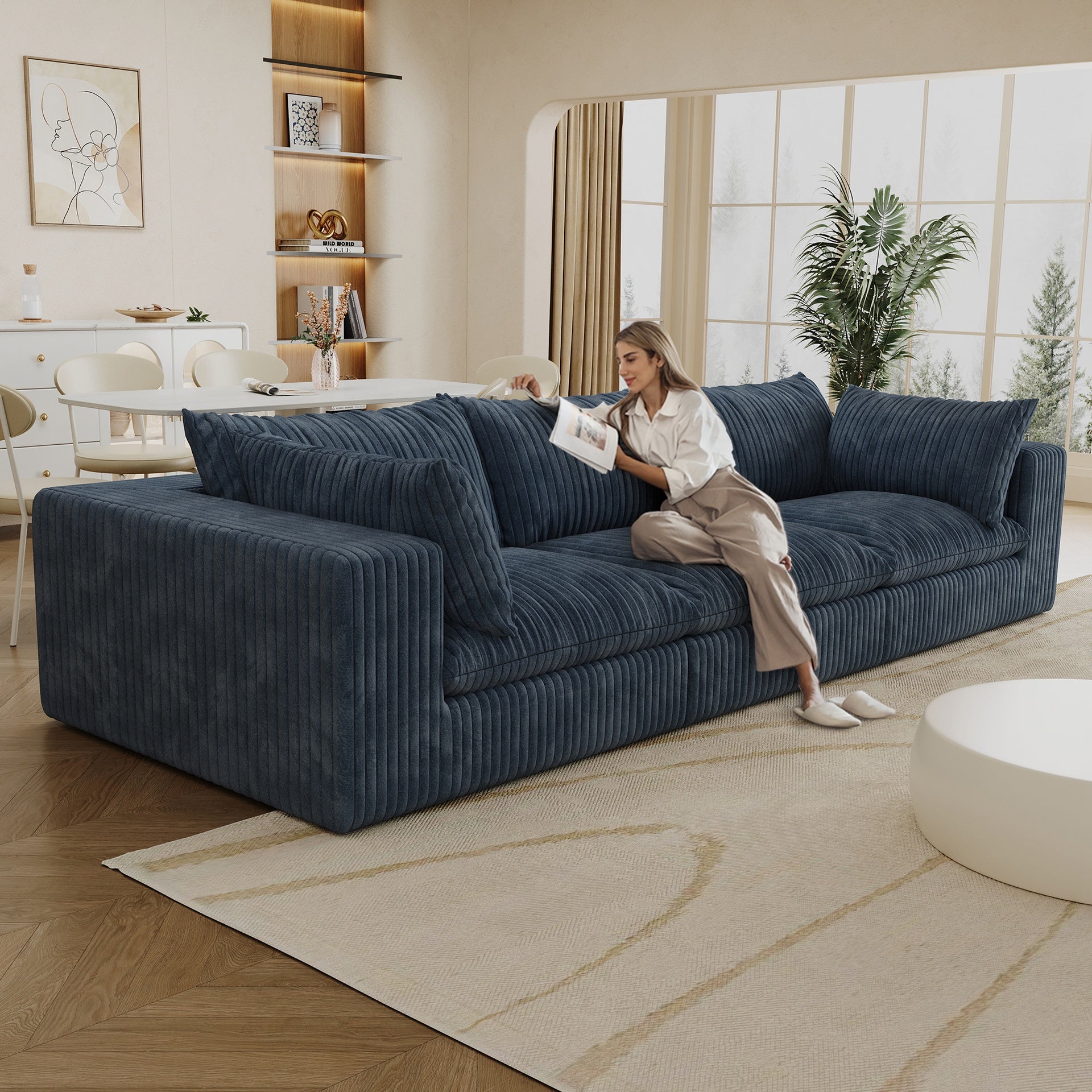 118.2" Cloud Sofa,Corduroy Fabric,Deep Seat Couches,Double-layer design,Removable  Cushion,No Assembly, DIY Combination for Living room, Bedroom,Conference room ,Apartment,Blue