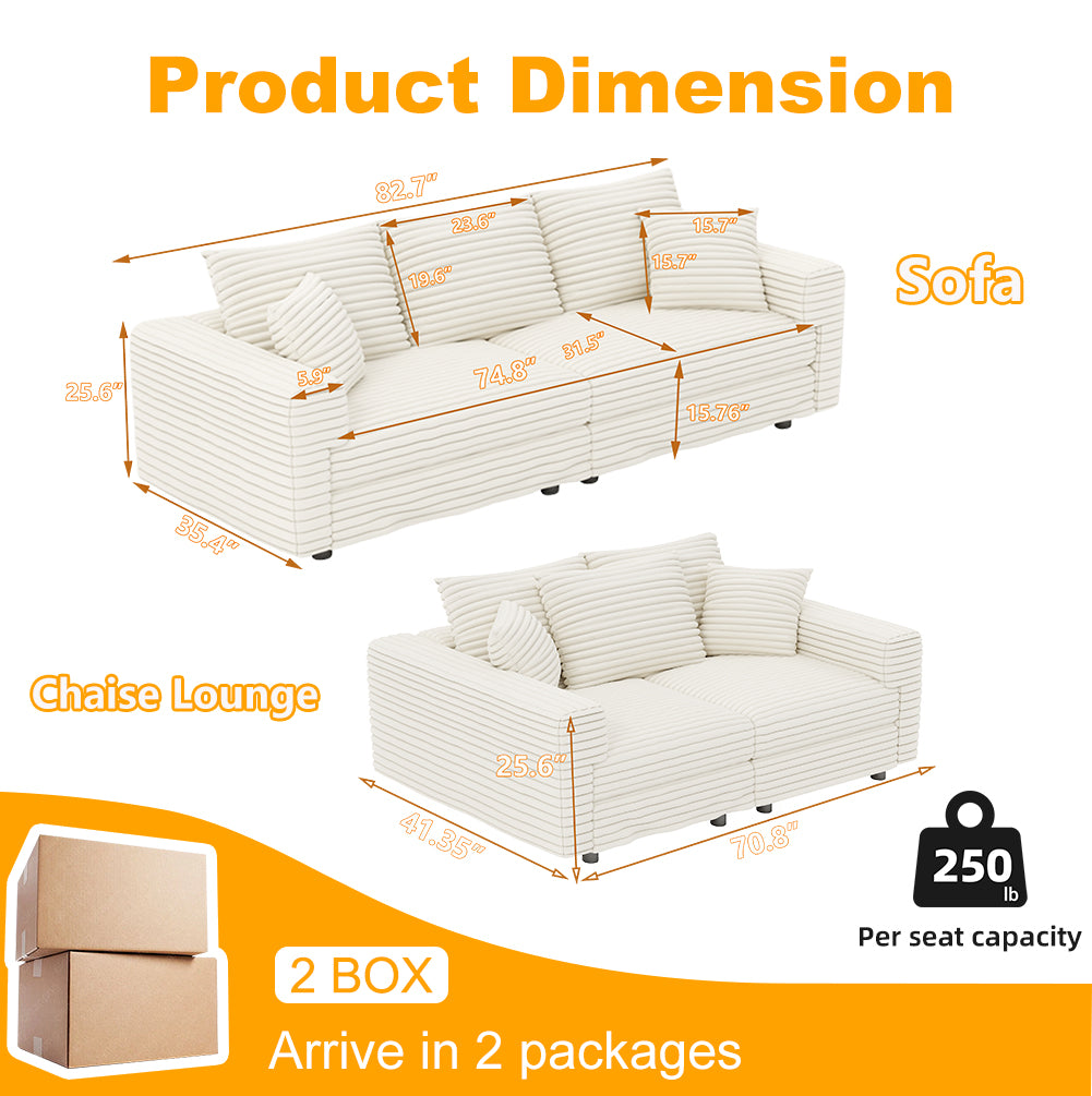 82.7 " Plush Corduroy 3-Seat Sofa,Modern Comfy Upholstered Sofa Cloud Couch,Deep Seat Couches with Soft Pillows,Convertible Deep Seat Sofa Lounge Chair for Living Room Bedroom,Apartment,Beige/White