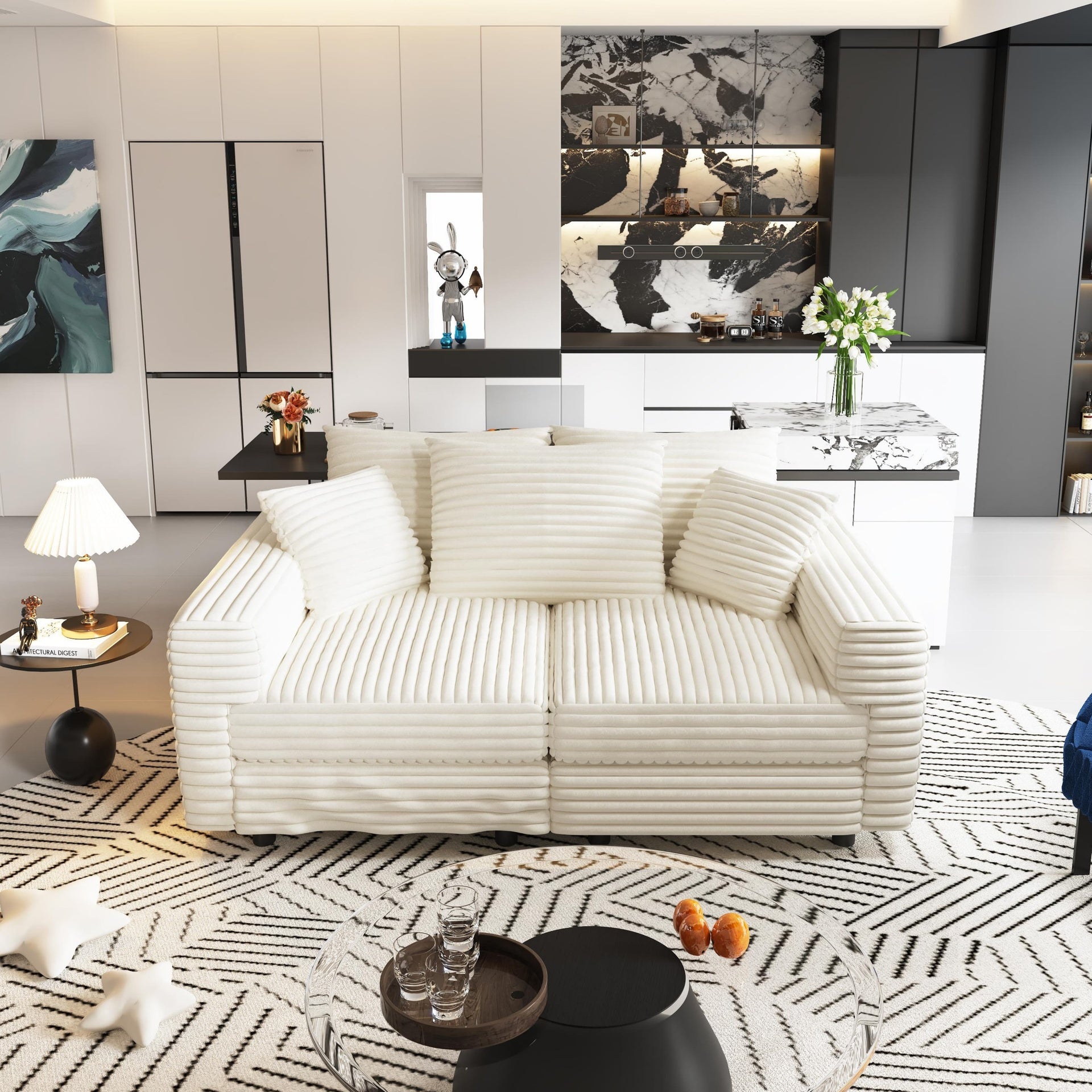 82.7 " Plush Corduroy 3-Seat Sofa,Modern Comfy Upholstered Sofa Cloud Couch,Deep Seat Couches with Soft Pillows,Convertible Deep Seat Sofa Lounge Chair for Living Room Bedroom,Apartment,Beige/White
