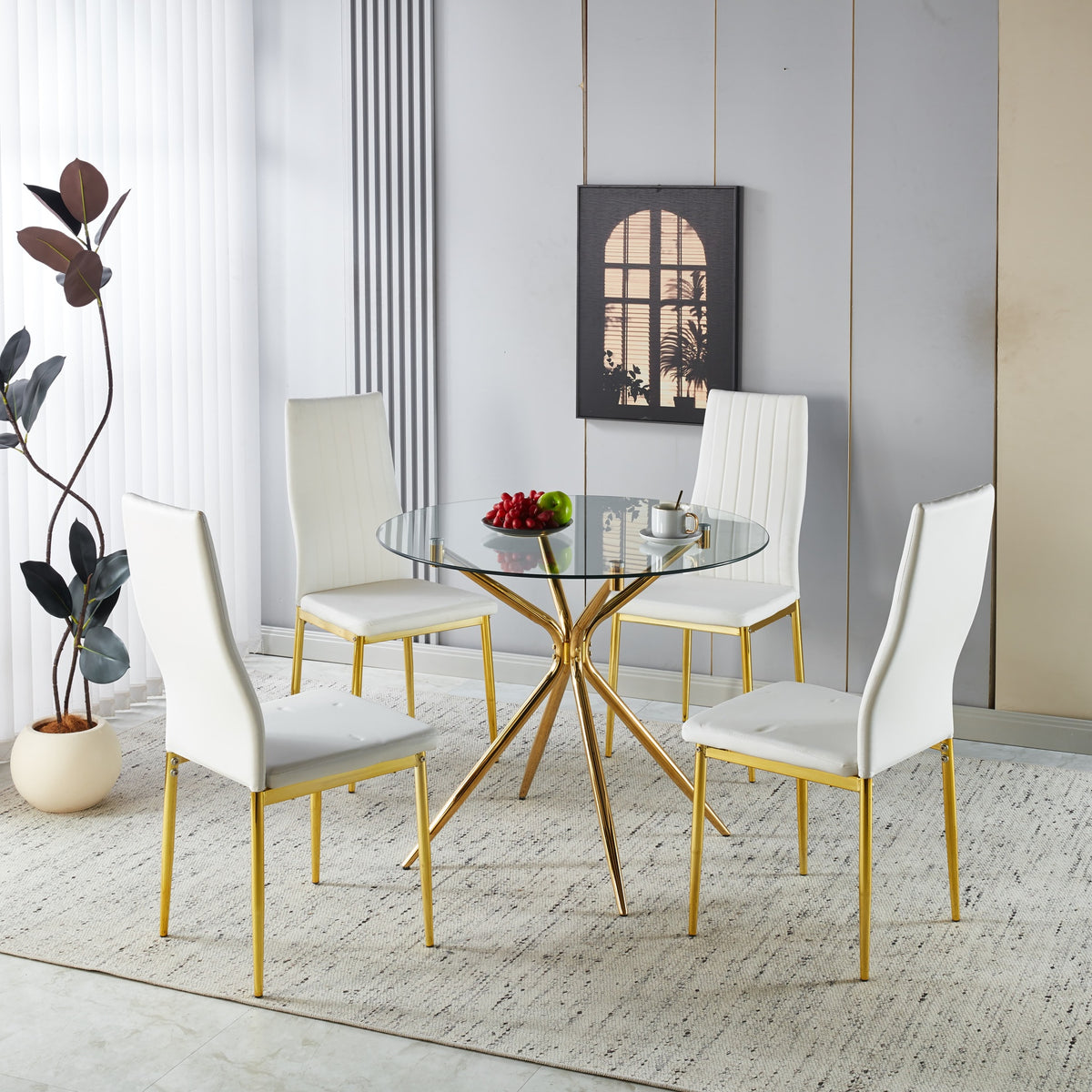 1+4,5pieces dining set, Table metal leg Mid-century Dining Table for 4-6 people With Glass  Table Top, Pedestal Dining Table, End Table Leisure Coffee Table.
