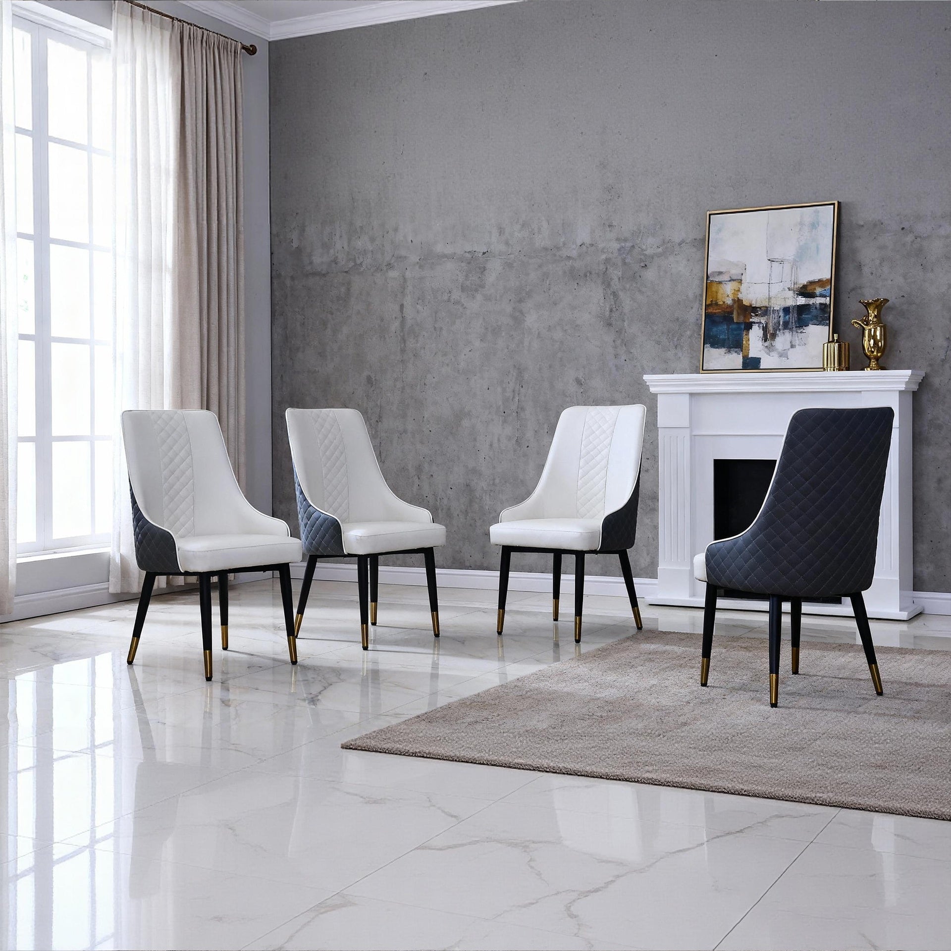 Modern PU Leather Dining Chairs – Ergonomic High-Back Kitchen Chairs with Carbon Steel Legs, Waterproof & Easy Clean, for Living Room, Restaurant, Office (Set of 2, Blue-White)