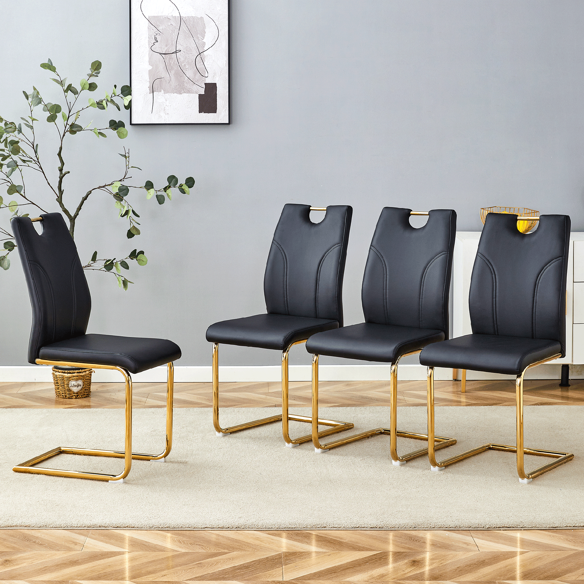 Black PU Dining Chair Set.Uniquely designed black dining chairs. PU material, paired with gold metal chair legs. Suitable for offices, restaurants, kitchens, conference rooms, etc.(Set of 4)