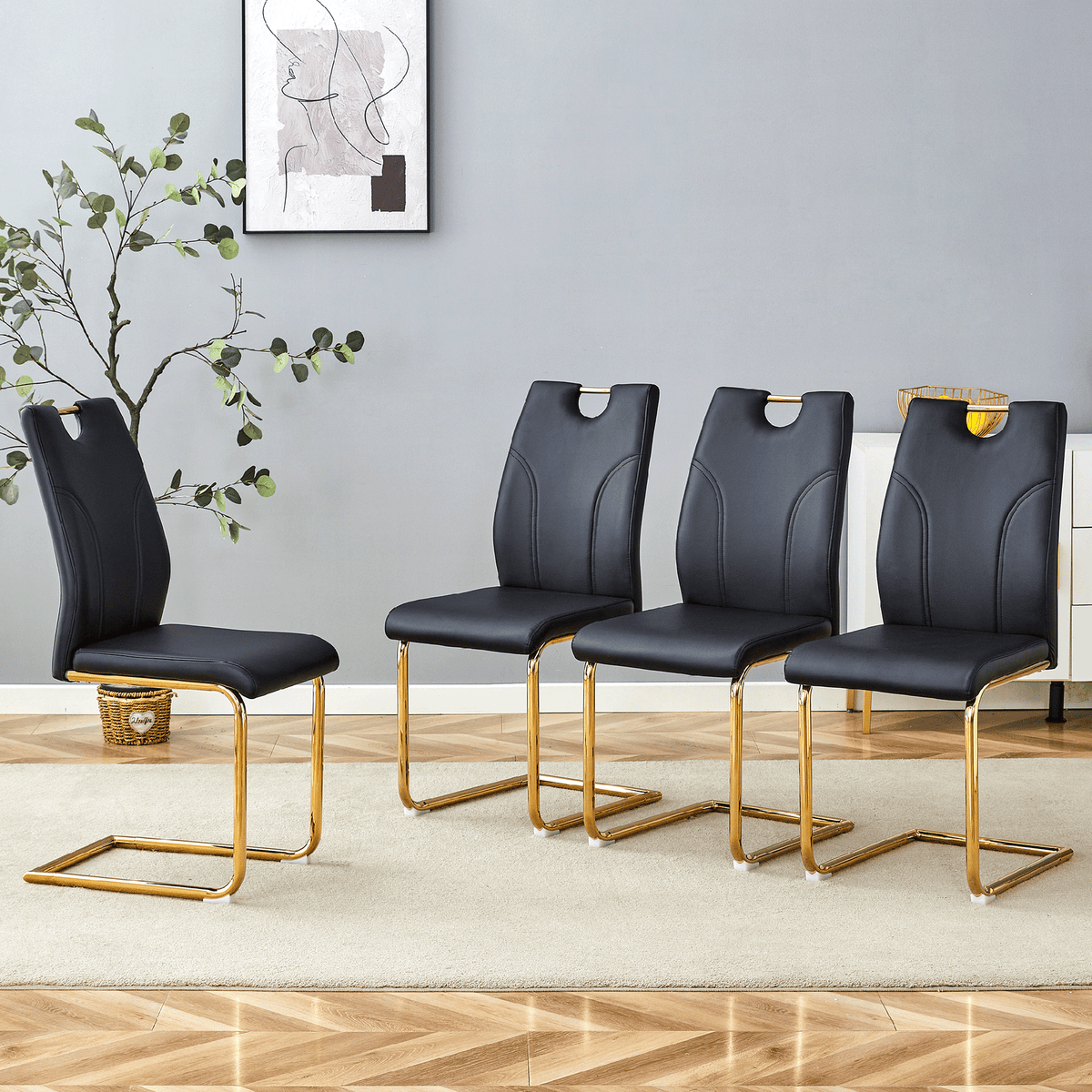 Black PU Dining Chair Set.Uniquely designed black dining chairs. PU material, paired with gold metal chair legs. Suitable for offices, restaurants, kitchens, conference rooms, etc.(Set of 4)