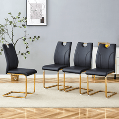 Black PU Dining Chair Set.Uniquely designed black dining chairs. PU material, paired with gold metal chair legs. Suitable for offices, restaurants, kitchens, conference rooms, etc.(Set of 4)
