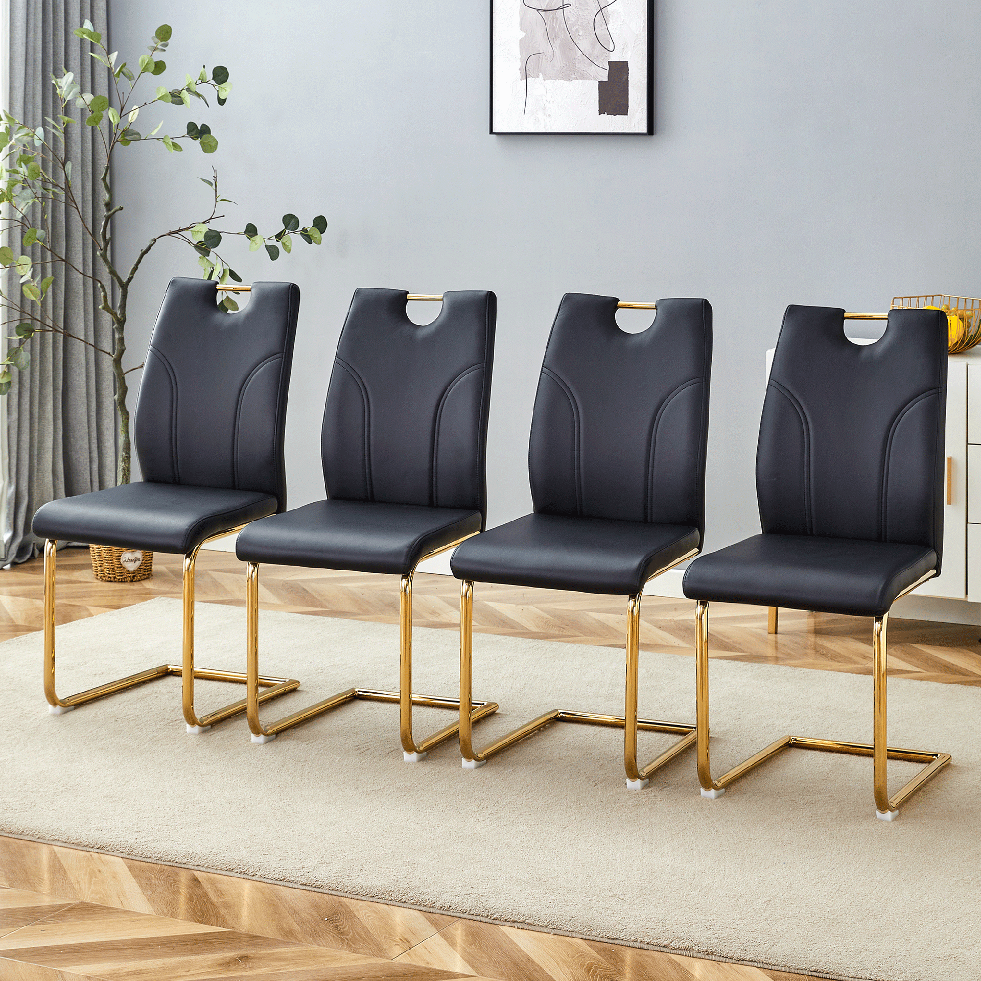 Black PU Dining Chair Set.Uniquely designed black dining chairs. PU material, paired with gold metal chair legs. Suitable for offices, restaurants, kitchens, conference rooms, etc.(Set of 4)