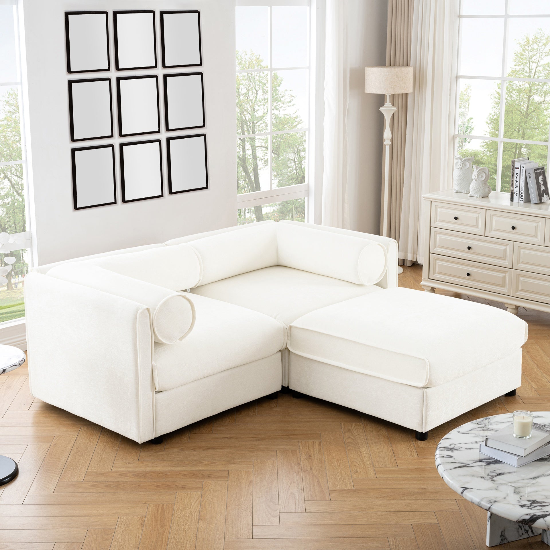 Stylish White Chenille 2-Seater Sofa with Ottoman Storage Seat, Cylindrical Backrest and Armrests, Modern Fabric Loveseat Featuring Hidden Storage Space