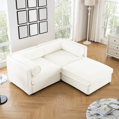 Stylish White Chenille 2-Seater Sofa with Ottoman Storage Seat, Cylindrical Backrest and Armrests, Modern Fabric Loveseat Featuring Hidden Storage Space