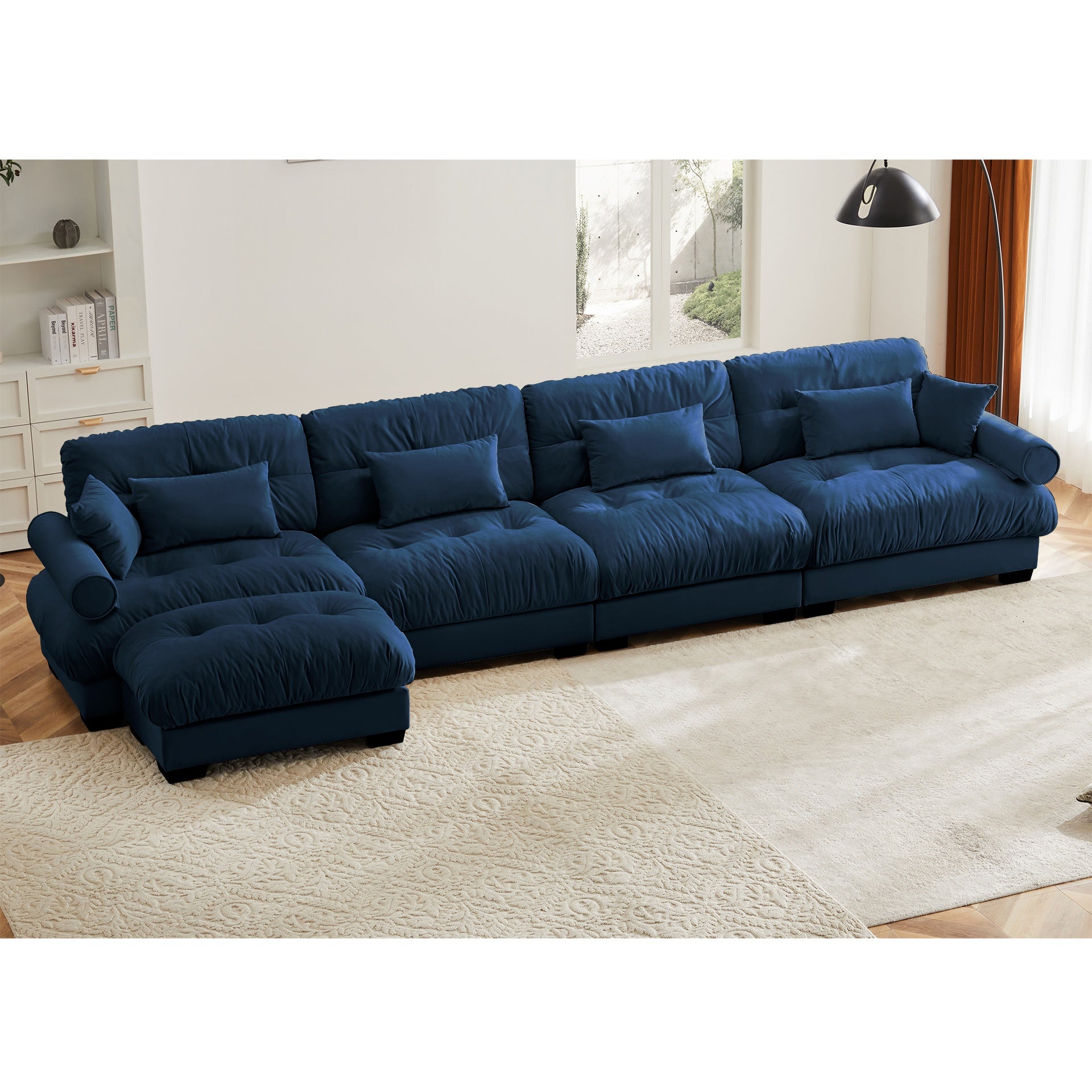L Shaped Sectional Cloud Sofa , Convertible Deep 4 Seater Modular Couch for Living Room,Modern Velvet Comfy Upholstered Corner Couch  Waist Pillows, Throw Pillows and Blostered Armrests,Blue