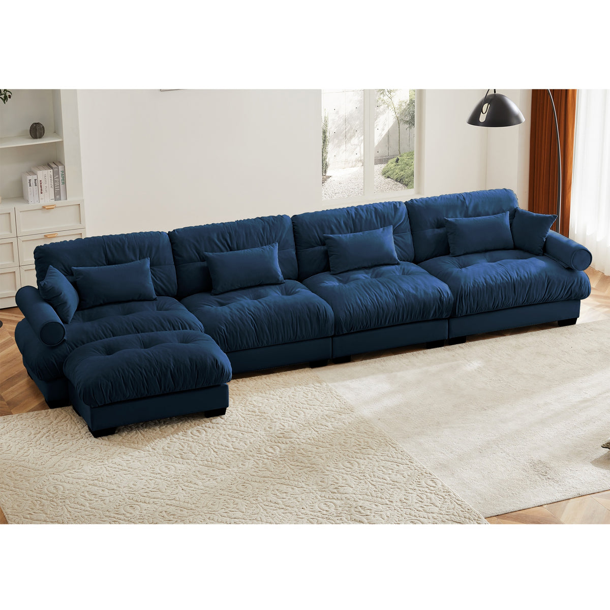 L Shaped Sectional Cloud Sofa , Convertible Deep 4 Seater Modular Couch for Living Room,Modern Velvet Comfy Upholstered Corner Couch  Waist Pillows, Throw Pillows and Blostered Armrests,Blue